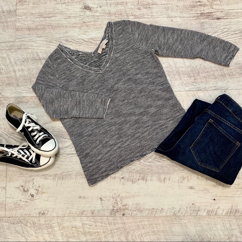 LOFT 3/4 Sleeve V-Back Marled Striped Sweater, Sml